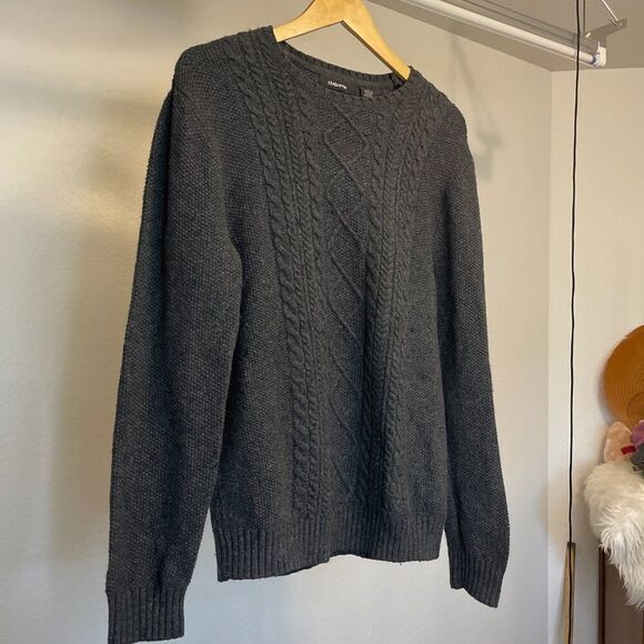 Claiborne Mens Gray Cable Knit Crew Neck Long Sleeve Sweater Large - Picture 2 of 6
